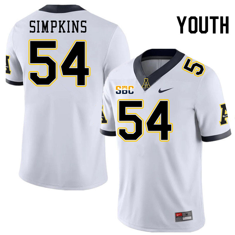 Youth #54 Gabriel Simpkins Appalachian State Mountaineers College Football Jerseys Stitched-White